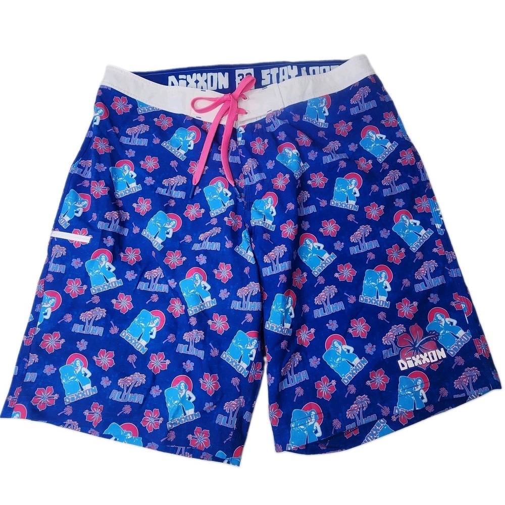 DIXXON Aloha Hawaii Board Shorts 36 Blue Pink Floral Hawaiian Swim Trunks 9"